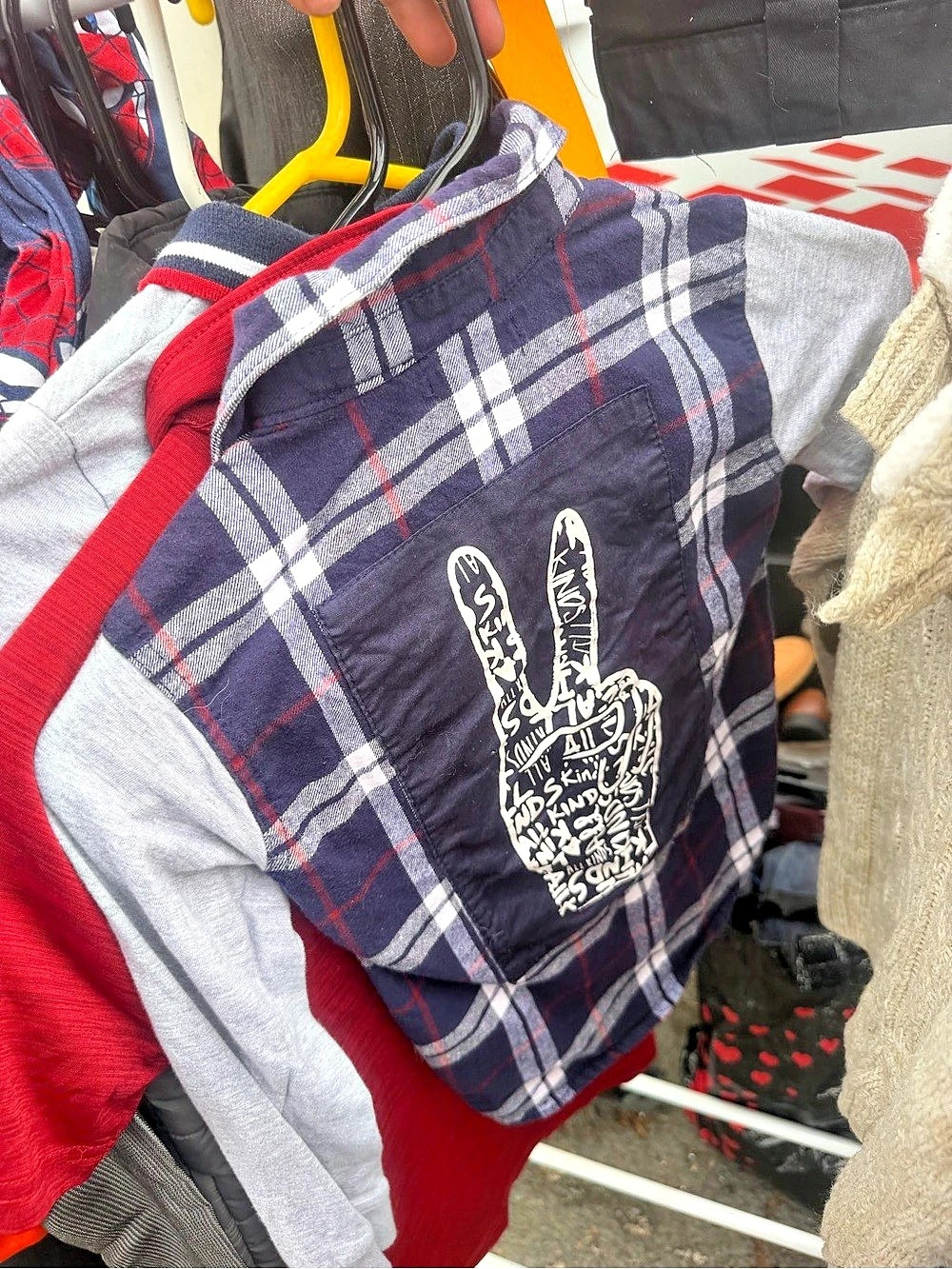 12 For All Mankind Boys Plaid Button-Down Shirt with Peace Sign Back